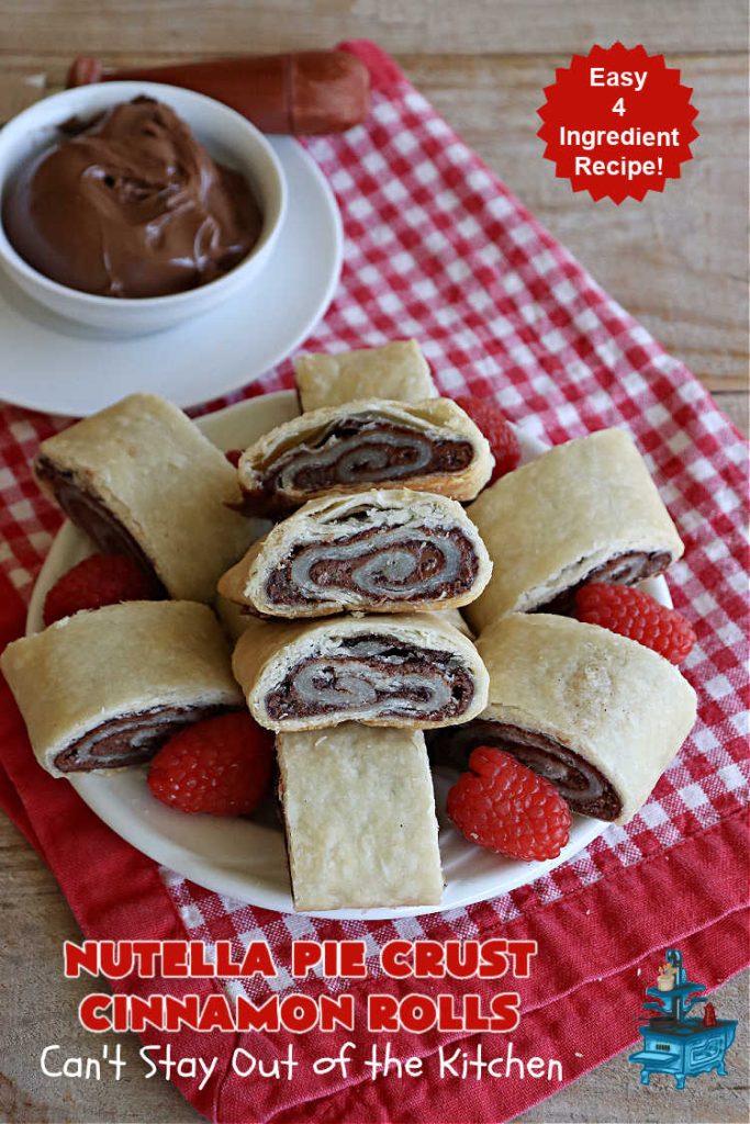 Nutella Pie Crust Cinnamon Rolls | Can't Stay Out of the Kitchen | Enjoy the wonderful flavors of #Nutella & #cinnamon spread on #PieCrust in this easy, #4Ingredient #recipe. Great #breakfast or #brunch #entree for company or #holidays. Or surprise everyone with these #CinnamonRolls at #tailgating parties & #potlucks. Everyone will want seconds! #PieCrustCinnamonRolls #chocolate #NutellaPieCrustCinnamonRolls