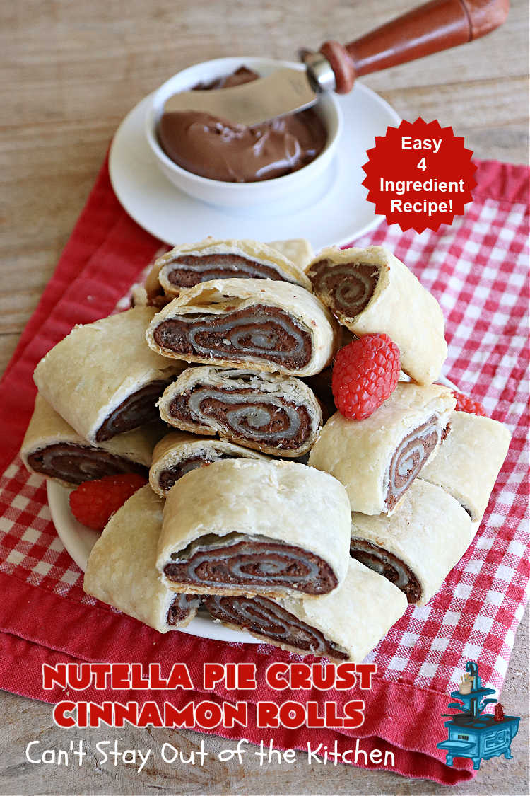 Nutella Pie Crust Cinnamon Rolls | Can't Stay Out of the Kitchen | Enjoy the wonderful flavors of #Nutella & #cinnamon spread on #PieCrust in this easy, #4Ingredient #recipe. Great #breakfast or #brunch #entree for company or #holidays. Or surprise everyone with these #CinnamonRolls at #tailgating parties & #potlucks. Everyone will want seconds! #PieCrustCinnamonRolls #chocolate #NutellaPieCrustCinnamonRolls