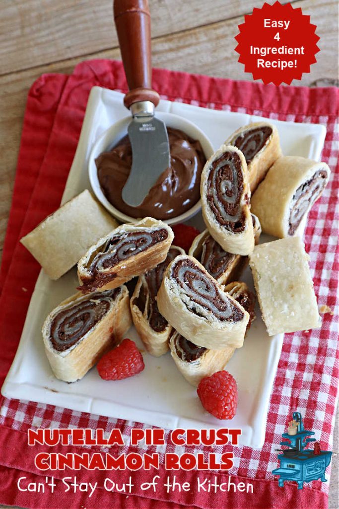 Nutella Pie Crust Cinnamon Rolls | Can't Stay Out of the Kitchen | Enjoy the wonderful flavors of #Nutella & #cinnamon spread on #PieCrust in this easy, #4Ingredient #recipe. Great #breakfast or #brunch #entree for company or #holidays. Or surprise everyone with these #CinnamonRolls at #tailgating parties & #potlucks. Everyone will want seconds! #PieCrustCinnamonRolls #chocolate #NutellaPieCrustCinnamonRolls