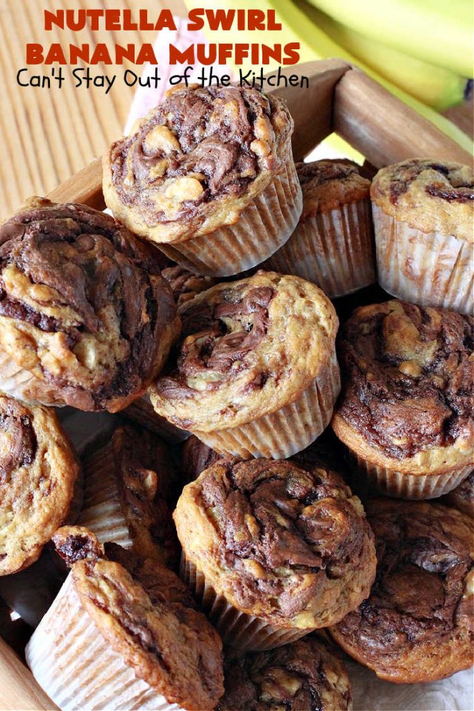 Nutella Swirl Banana Muffins | Can't Stay Out of the Kitchen | these outrageous #muffins are filled with #almonds & #bananas and swirled with #Nutella! These are so heavenly you won't be able to stay out of them. #breakfast #holiday #HolidayBreakfast #NutellaMuffins #NutellaSwirlBananaMuffins