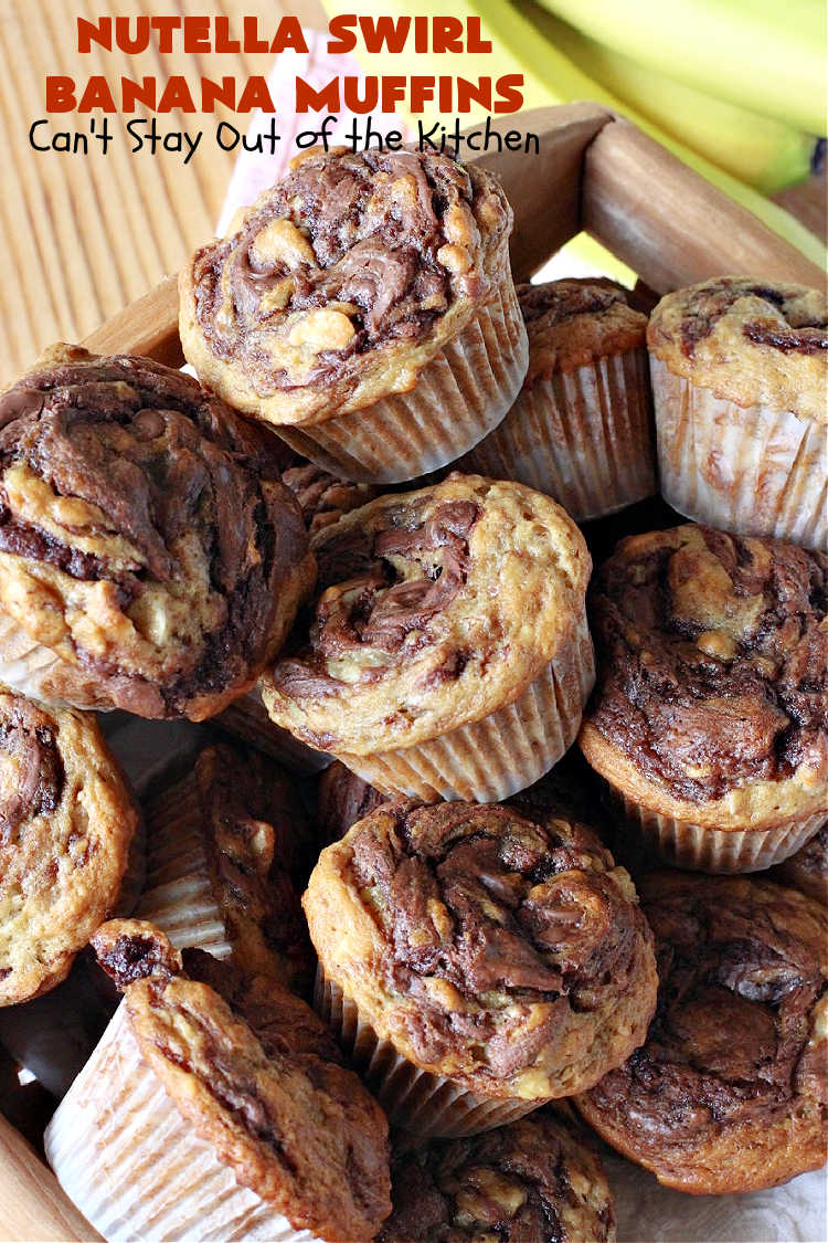 Nutella Swirl Banana Muffins | Can't Stay Out of the Kitchen | these outrageous #muffins are filled with #almonds & #bananas and swirled with #Nutella! These are so heavenly you won't be able to stay out of them. #breakfast #holiday #HolidayBreakfast #NutellaMuffins #NutellaSwirlBananaMuffins