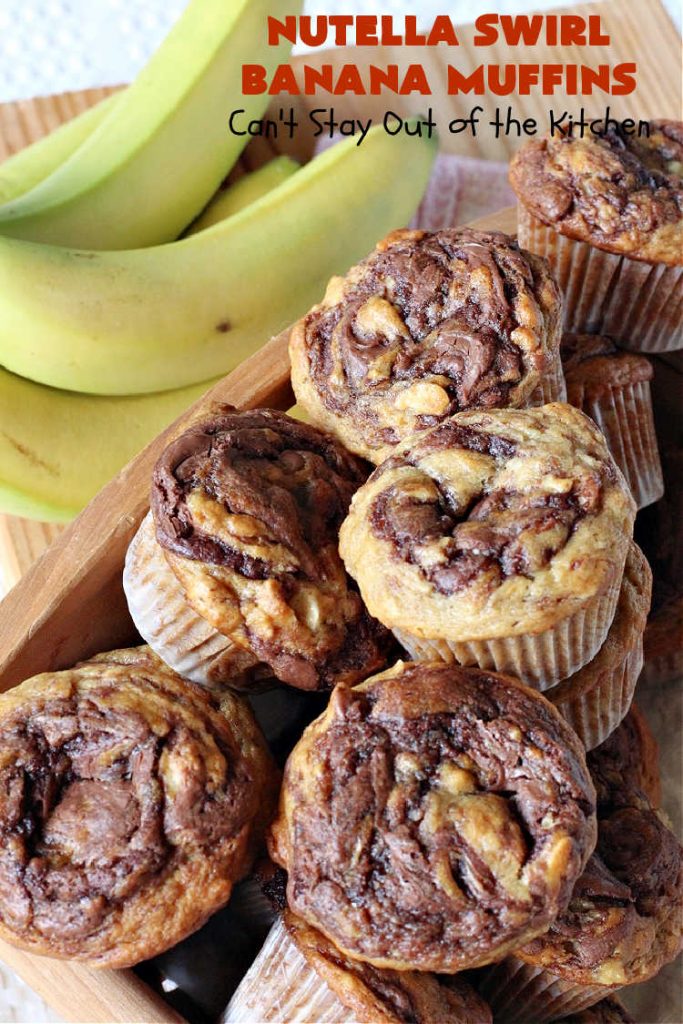 Nutella Swirl Banana Muffins | Can't Stay Out of the Kitchen | these outrageous #muffins are filled with #almonds & #bananas and swirled with #Nutella! These are so heavenly you won't be able to stay out of them. #breakfast #holiday #HolidayBreakfast #NutellaMuffins #NutellaSwirlBananaMuffins