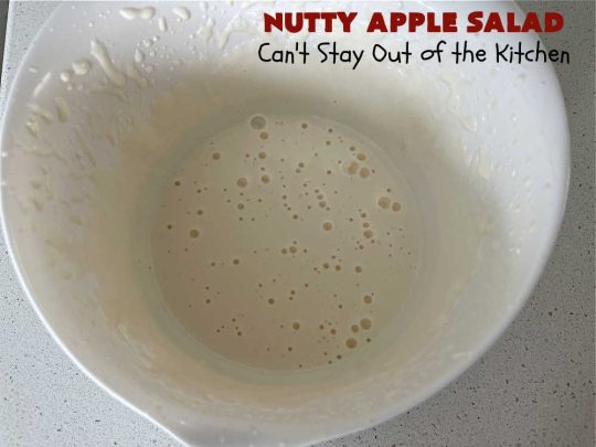 Nutty Apple Salad | Can't Stay Out of the Kitchen | this light, refreshing #FruitSalad includes #apples, red & green #grapes, #marshmallows & #celery in a tasty #SaladDressing with #MixedNuts sprinkled on top. It's a great #fruit #salad to bring to #BackyardBarbecues, potlucks or #grilling out with friends during hot, #summer days. #GlutenFree #NuttyAppleSalad