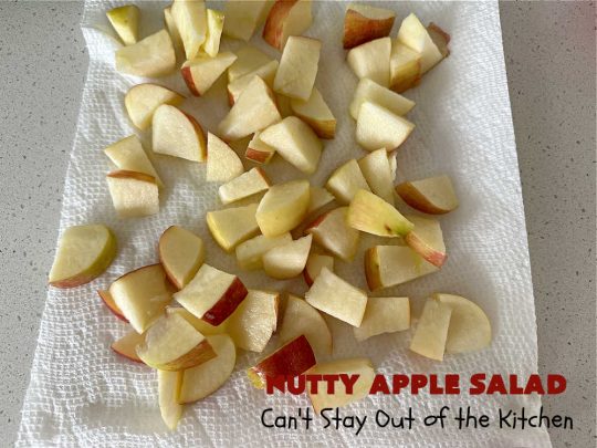 Nutty Apple Salad | Can't Stay Out of the Kitchen | this light, refreshing #FruitSalad includes #apples, red & green #grapes, #marshmallows & #celery in a tasty #SaladDressing with #MixedNuts sprinkled on top. It's a great #fruit #salad to bring to #BackyardBarbecues, potlucks or #grilling out with friends during hot, #summer days. #GlutenFree #NuttyAppleSalad