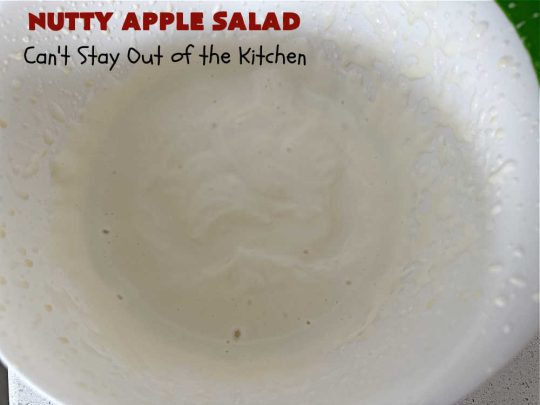 Nutty Apple Salad | Can't Stay Out of the Kitchen | this light, refreshing #FruitSalad includes #apples, red & green #grapes, #marshmallows & #celery in a tasty #SaladDressing with #MixedNuts sprinkled on top. It's a great #fruit #salad to bring to #BackyardBarbecues, potlucks or #grilling out with friends during hot, #summer days. #GlutenFree #NuttyAppleSalad