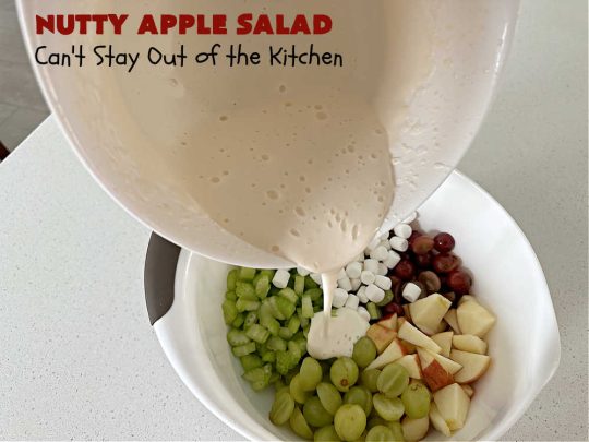 Nutty Apple Salad | Can't Stay Out of the Kitchen | this light, refreshing #FruitSalad includes #apples, red & green #grapes, #marshmallows & #celery in a tasty #SaladDressing with #MixedNuts sprinkled on top. It's a great #fruit #salad to bring to #BackyardBarbecues, potlucks or #grilling out with friends during hot, #summer days. #GlutenFree #NuttyAppleSalad