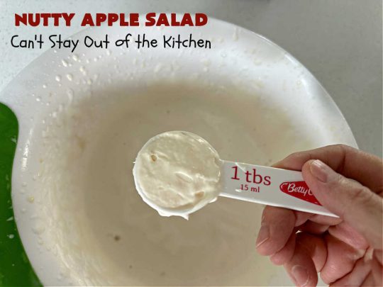 Nutty Apple Salad | Can't Stay Out of the Kitchen | this light, refreshing #FruitSalad includes #apples, red & green #grapes, #marshmallows & #celery in a tasty #SaladDressing with #MixedNuts sprinkled on top. It's a great #fruit #salad to bring to #BackyardBarbecues, potlucks or #grilling out with friends during hot, #summer days. #GlutenFree #NuttyAppleSalad