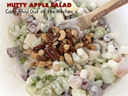 Nutty Apple Salad | Can't Stay Out of the Kitchen | this light, refreshing #FruitSalad includes #apples, red & green #grapes, #marshmallows & #celery in a tasty #SaladDressing with #MixedNuts sprinkled on top. It's a great #fruit #salad to bring to #BackyardBarbecues, potlucks or #grilling out with friends during hot, #summer days. #GlutenFree #NuttyAppleSalad