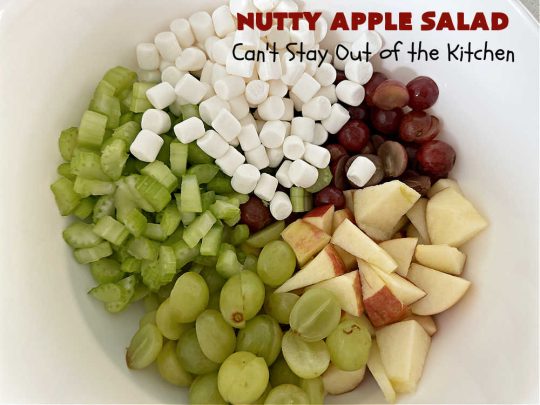 Nutty Apple Salad | Can't Stay Out of the Kitchen | this light, refreshing #FruitSalad includes #apples, red & green #grapes, #marshmallows & #celery in a tasty #SaladDressing with #MixedNuts sprinkled on top. It's a great #fruit #salad to bring to #BackyardBarbecues, potlucks or #grilling out with friends during hot, #summer days. #GlutenFree #NuttyAppleSalad