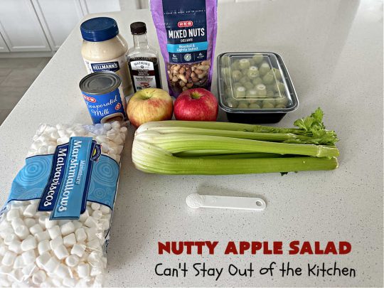 Nutty Apple Salad | Can't Stay Out of the Kitchen | this light, refreshing #FruitSalad includes #apples, red & green #grapes, #marshmallows & #celery in a tasty #SaladDressing with #MixedNuts sprinkled on top. It's a great #fruit #salad to bring to #BackyardBarbecues, potlucks or #grilling out with friends during hot, #summer days. #GlutenFree #NuttyAppleSalad