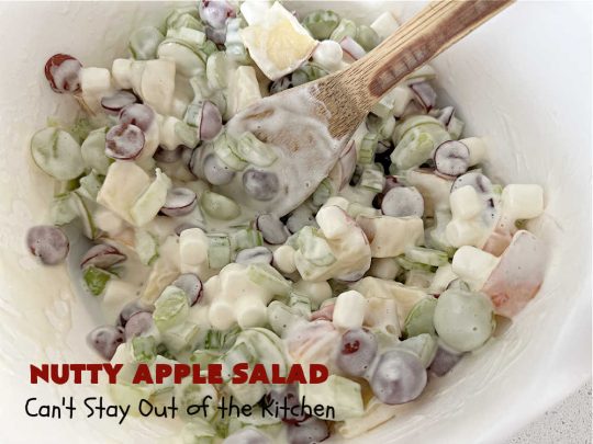 Nutty Apple Salad | Can't Stay Out of the Kitchen | this light, refreshing #FruitSalad includes #apples, red & green #grapes, #marshmallows & #celery in a tasty #SaladDressing with #MixedNuts sprinkled on top. It's a great #fruit #salad to bring to #BackyardBarbecues, potlucks or #grilling out with friends during hot, #summer days. #GlutenFree #NuttyAppleSalad