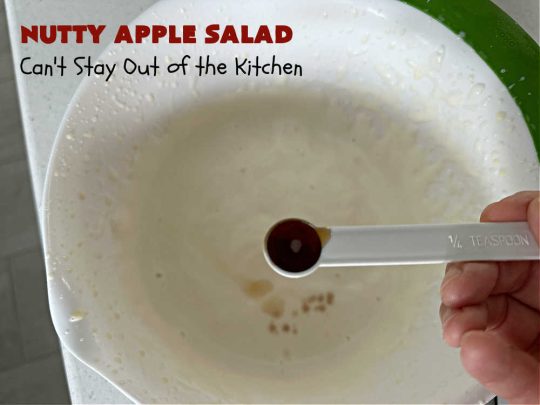 Nutty Apple Salad | Can't Stay Out of the Kitchen | this light, refreshing #FruitSalad includes #apples, red & green #grapes, #marshmallows & #celery in a tasty #SaladDressing with #MixedNuts sprinkled on top. It's a great #fruit #salad to bring to #BackyardBarbecues, potlucks or #grilling out with friends during hot, #summer days. #GlutenFree #NuttyAppleSalad