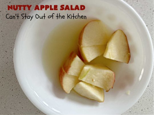 Nutty Apple Salad | Can't Stay Out of the Kitchen | this light, refreshing #FruitSalad includes #apples, red & green #grapes, #marshmallows & #celery in a tasty #SaladDressing with #MixedNuts sprinkled on top. It's a great #fruit #salad to bring to #BackyardBarbecues, potlucks or #grilling out with friends during hot, #summer days. #GlutenFree #NuttyAppleSalad