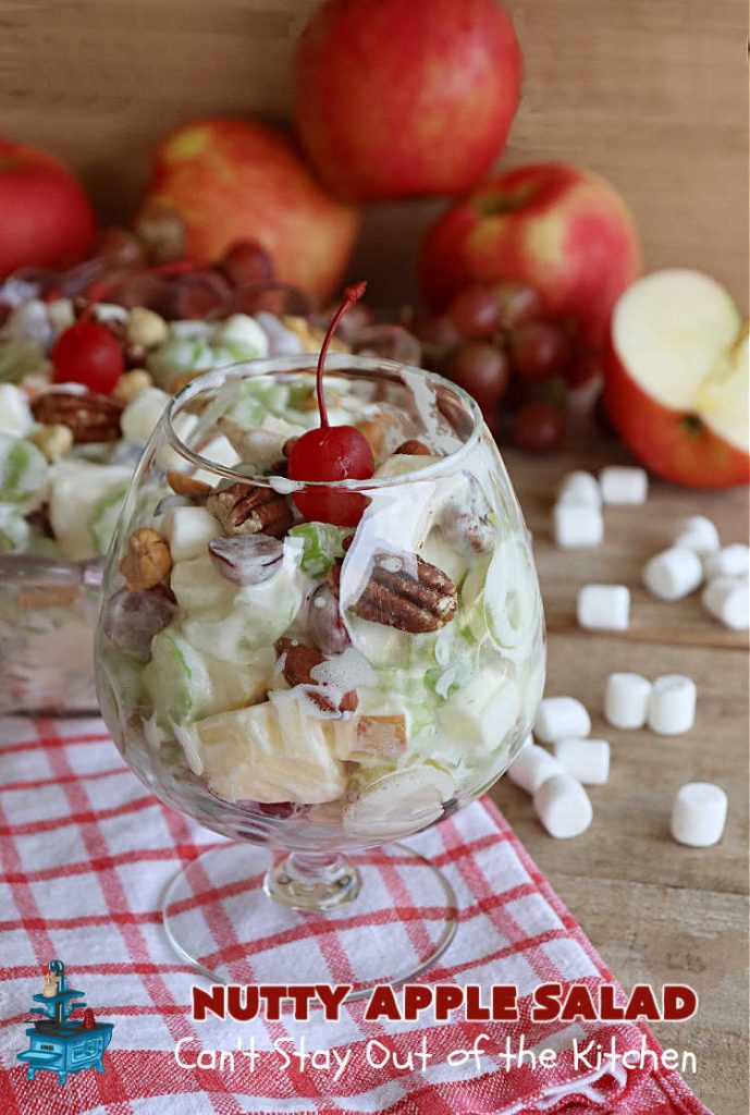 Nutty Apple Salad | Can't Stay Out of the Kitchen | this light, refreshing #FruitSalad includes #apples, red & green #grapes, #marshmallows & #celery in a tasty #SaladDressing with #MixedNuts sprinkled on top. It's a great #fruit #salad to bring to #BackyardBarbecues, potlucks or #grilling out with friends during hot, #summer days. #GlutenFree #NuttyAppleSalad
