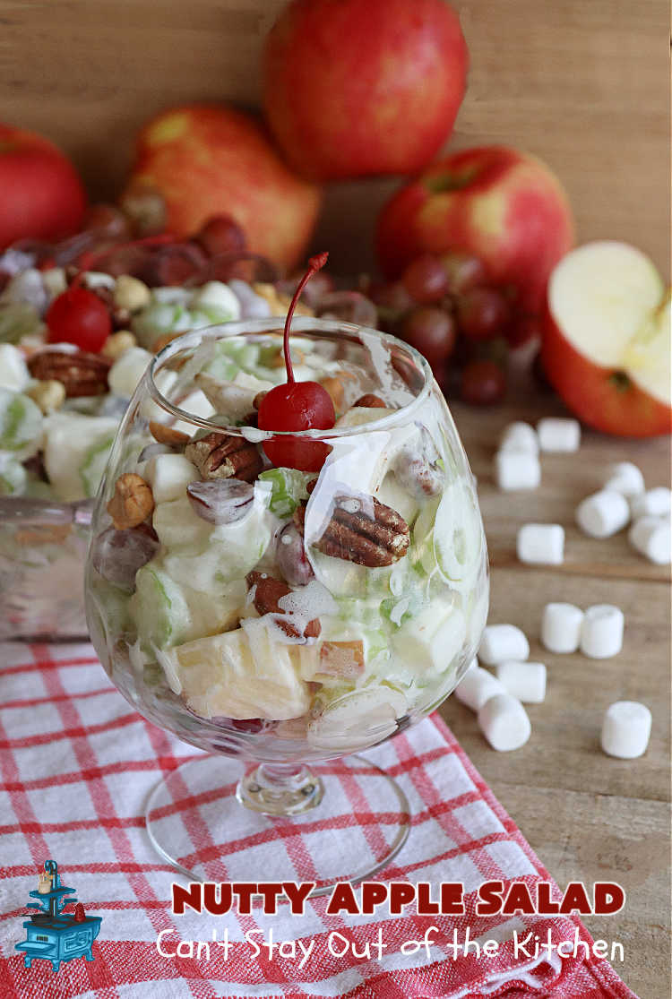 Nutty Apple Salad | Can't Stay Out of the Kitchen | this light, refreshing #FruitSalad includes #apples, red & green #grapes, #marshmallows & #celery in a tasty #SaladDressing with #MixedNuts sprinkled on top. It's a great #fruit #salad to bring to #BackyardBarbecues, potlucks or #grilling out with friends during hot, #summer days. #GlutenFree #NuttyAppleSalad