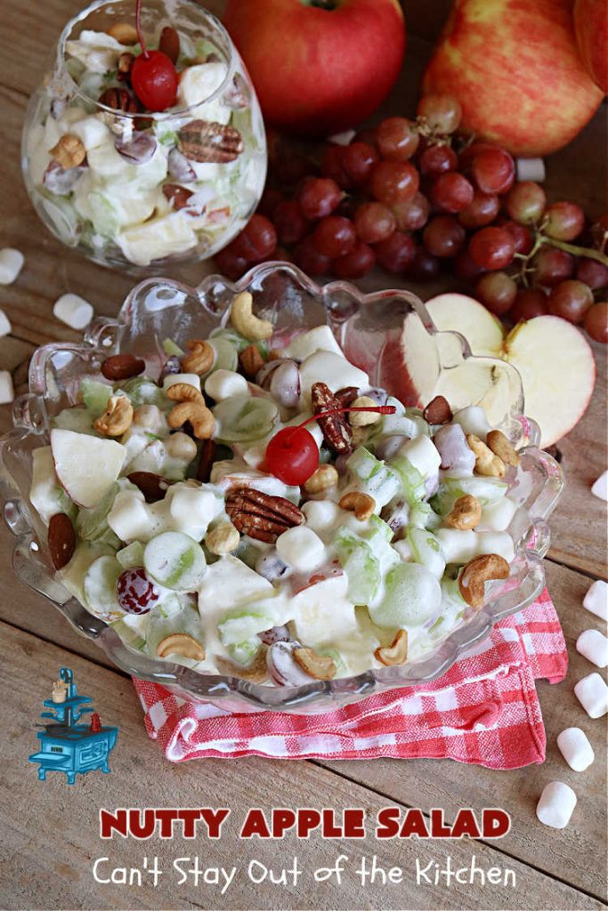 Nutty Apple Salad | Can't Stay Out of the Kitchen | this light, refreshing #FruitSalad includes #apples, red & green #grapes, #marshmallows & #celery in a tasty #SaladDressing with #MixedNuts sprinkled on top. It's a great #fruit #salad to bring to #BackyardBarbecues, potlucks or #grilling out with friends during hot, #summer days. #GlutenFree #NuttyAppleSalad
