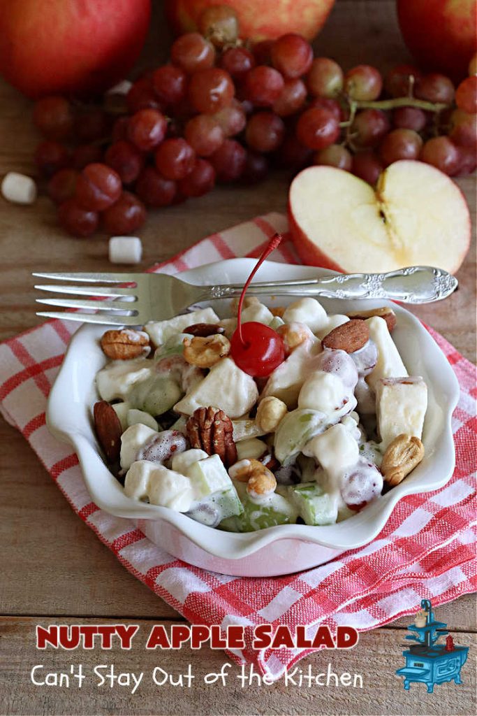 Nutty Apple Salad | Can't Stay Out of the Kitchen | this light, refreshing #FruitSalad includes #apples, red & green #grapes, #marshmallows & #celery in a tasty #SaladDressing with #MixedNuts sprinkled on top. It's a great #fruit #salad to bring to #BackyardBarbecues, potlucks or #grilling out with friends during hot, #summer days. #GlutenFree #NuttyAppleSalad