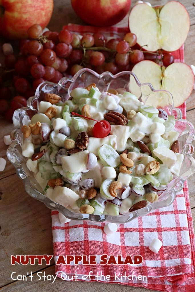 Nutty Apple Salad | Can't Stay Out of the Kitchen | this light, refreshing #FruitSalad includes #apples, red & green #grapes, #marshmallows & #celery in a tasty #SaladDressing with #MixedNuts sprinkled on top. It's a great #fruit #salad to bring to #BackyardBarbecues, potlucks or #grilling out with friends during hot, #summer days. #GlutenFree #NuttyAppleSalad