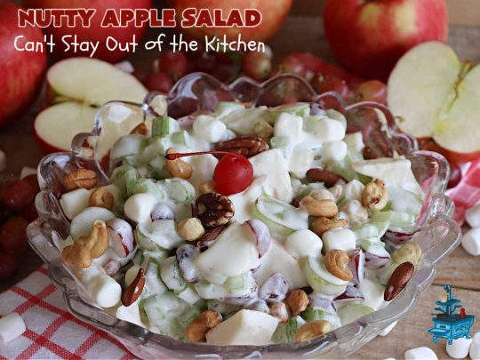 Nutty Apple Salad | Can't Stay Out of the Kitchen | this light, refreshing #FruitSalad includes #apples, red & green #grapes, #marshmallows & #celery in a tasty #SaladDressing with #MixedNuts sprinkled on top. It's a great #fruit #salad to bring to #BackyardBarbecues, potlucks or #grilling out with friends during hot, #summer days. #GlutenFree #NuttyAppleSalad