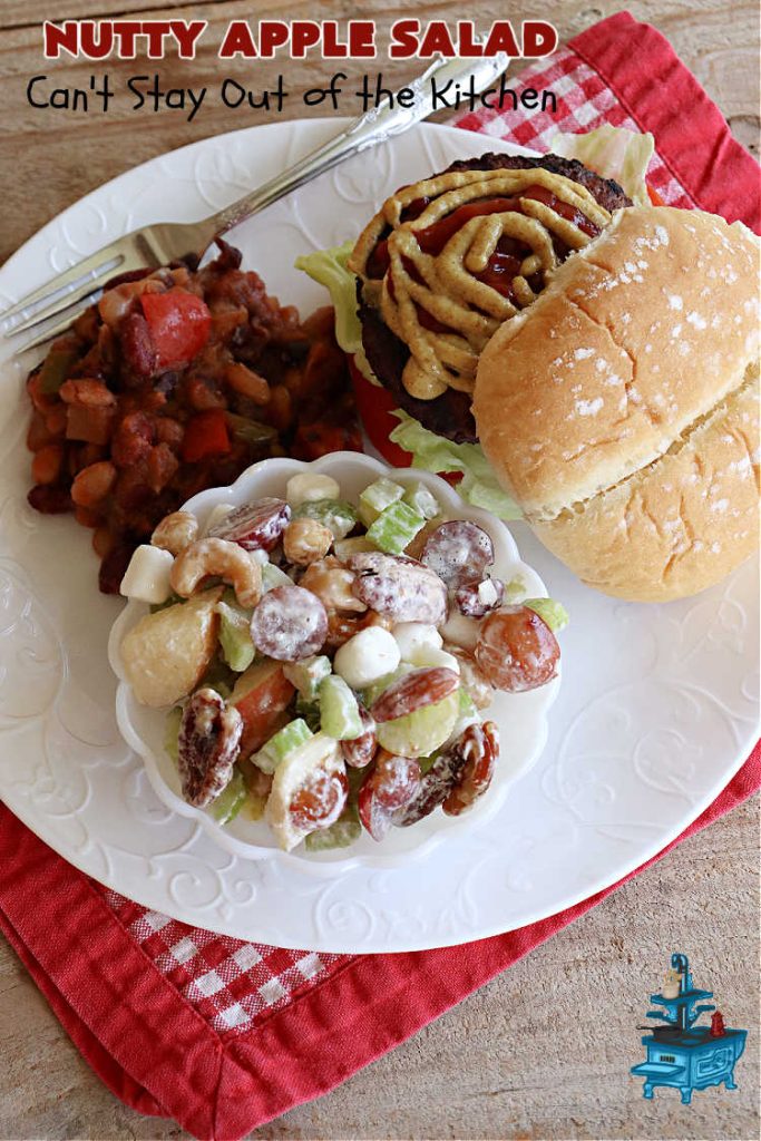 Nutty Apple Salad | Can't Stay Out of the Kitchen | this light, refreshing #FruitSalad includes #apples, red & green #grapes, #marshmallows & #celery in a tasty #SaladDressing with #MixedNuts sprinkled on top. It's a great #fruit #salad to bring to #BackyardBarbecues, potlucks or #grilling out with friends during hot, #summer days. #GlutenFree #NuttyAppleSalad