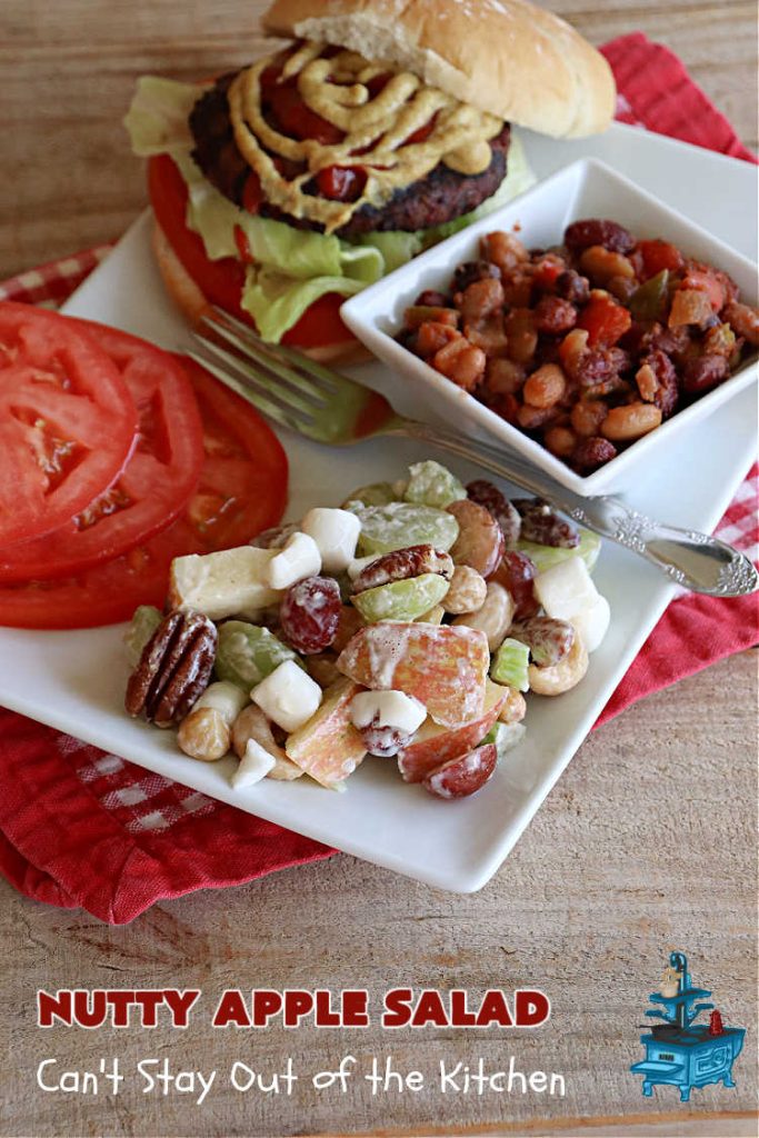 Nutty Apple Salad | Can't Stay Out of the Kitchen | this light, refreshing #FruitSalad includes #apples, red & green #grapes, #marshmallows & #celery in a tasty #SaladDressing with #MixedNuts sprinkled on top. It's a great #fruit #salad to bring to #BackyardBarbecues, potlucks or #grilling out with friends during hot, #summer days. #GlutenFree #NuttyAppleSalad