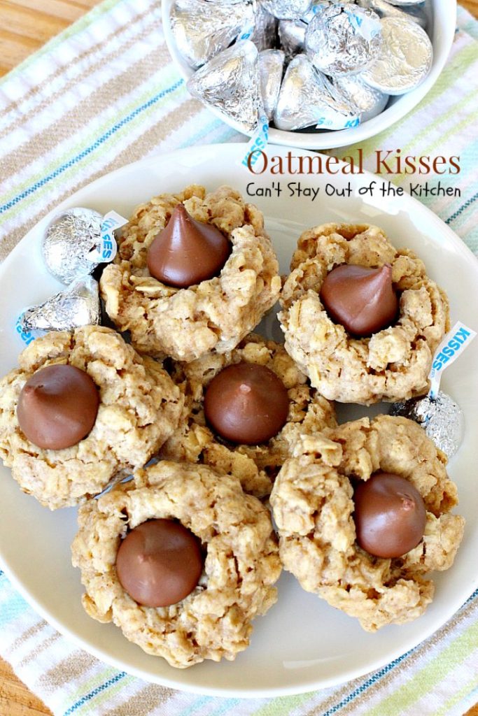 Oatmeal Kisses | Can't Stay Out of the Kitchen | These delightful #oatmeal #cookies have a hint of #cinnamon and a #Hershey'skiss pressed in the center of each one. #dessert #chocolate
