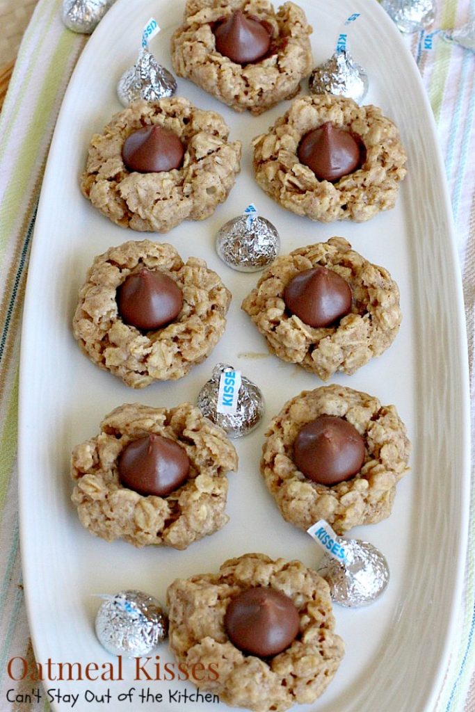 Oatmeal Kisses | Can't Stay Out of the Kitchen | These delightful #oatmeal #cookies have a hint of #cinnamon and a #Hershey'skiss pressed in the center of each one. #dessert #chocolate