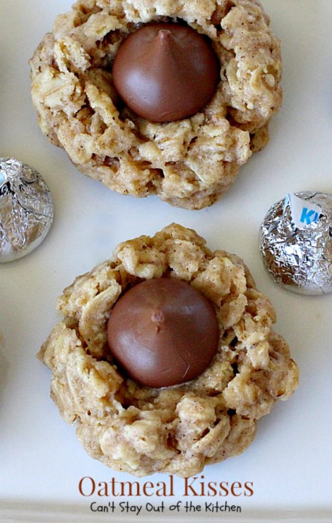 Oatmeal Kisses | Can't Stay Out of the Kitchen | These delightful #oatmeal #cookies have a hint of #cinnamon and a #Hershey'skiss pressed in the center of each one. #dessert #chocolate