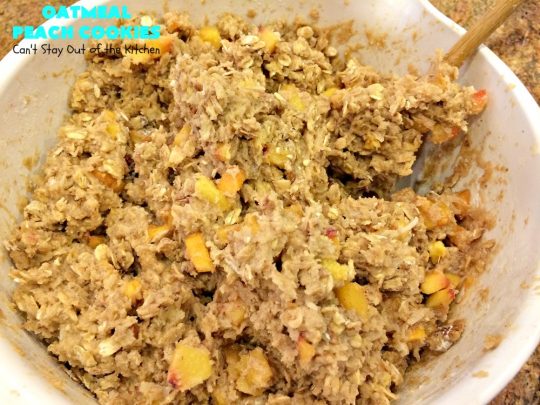 Oatmeal Peach Cookies | Can't Stay Out of the Kitchen | these spectacular #cookies contain #oatmeal, fresh #peaches, #coconut & #pecans. They are absolutely mouthwatering & a terrific #recipe to make during #PeachSeason. #tailgating #dessert #PeachDessert #OatmealCookie #OatmealPeachCookies #LaborDay #LaborDayDessert