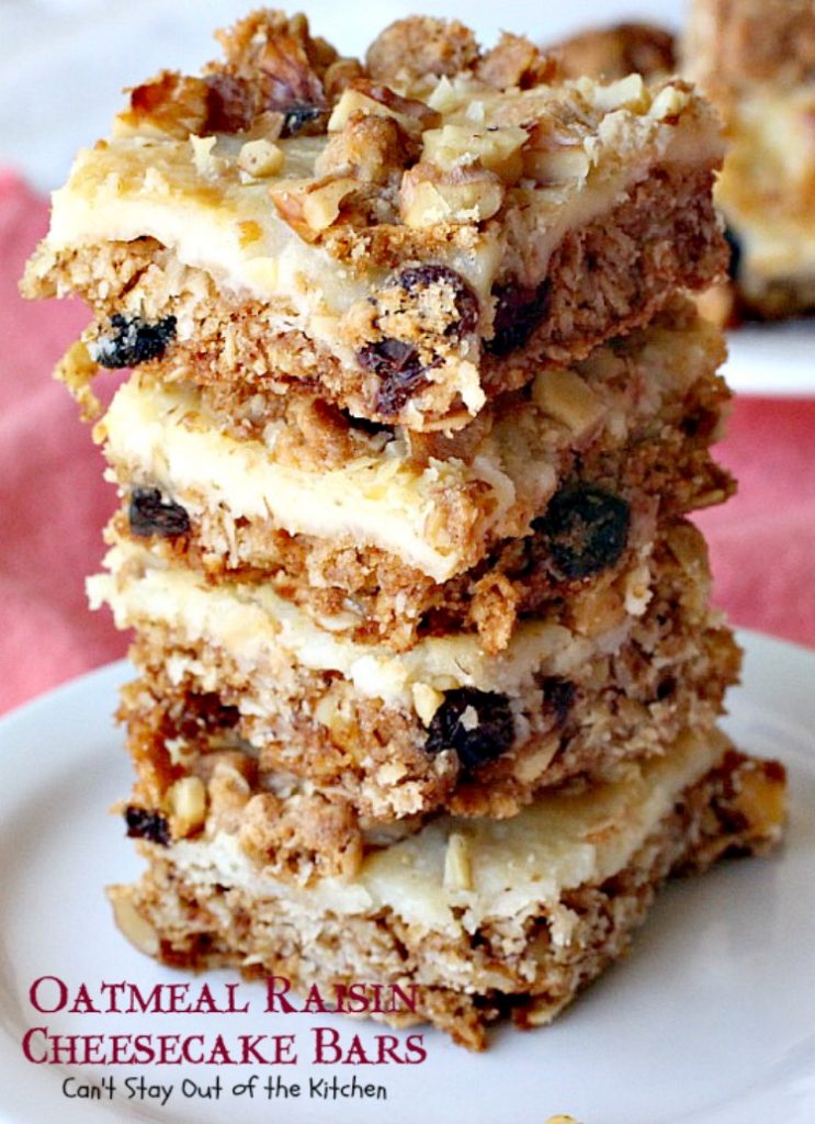 Oatmeal Raisin Cheesecake Bars | Can't Stay Out of the Kitchen | traditional #oatmealraisin #cookies with a luscious #cheesecake layer make for a #brownie to die for! #dessert
