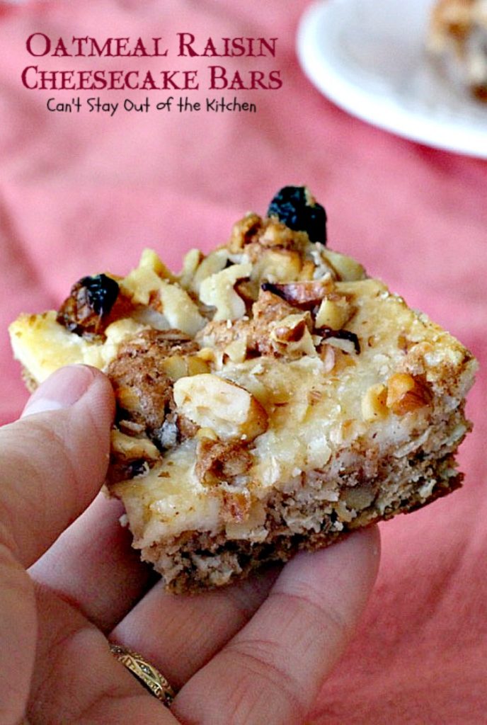 Oatmeal Raisin Cheesecake Bars | Can't Stay Out of the Kitchen | traditional #oatmealraisin #cookies with a luscious #cheesecake layer make for a #brownie to die for! #dessert