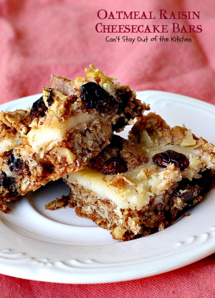 Oatmeal Raisin Cheesecake Bars | Can't Stay Out of the Kitchen | traditional #oatmealraisin #cookies with a luscious #cheesecake layer make for a #brownie to die for! #dessert