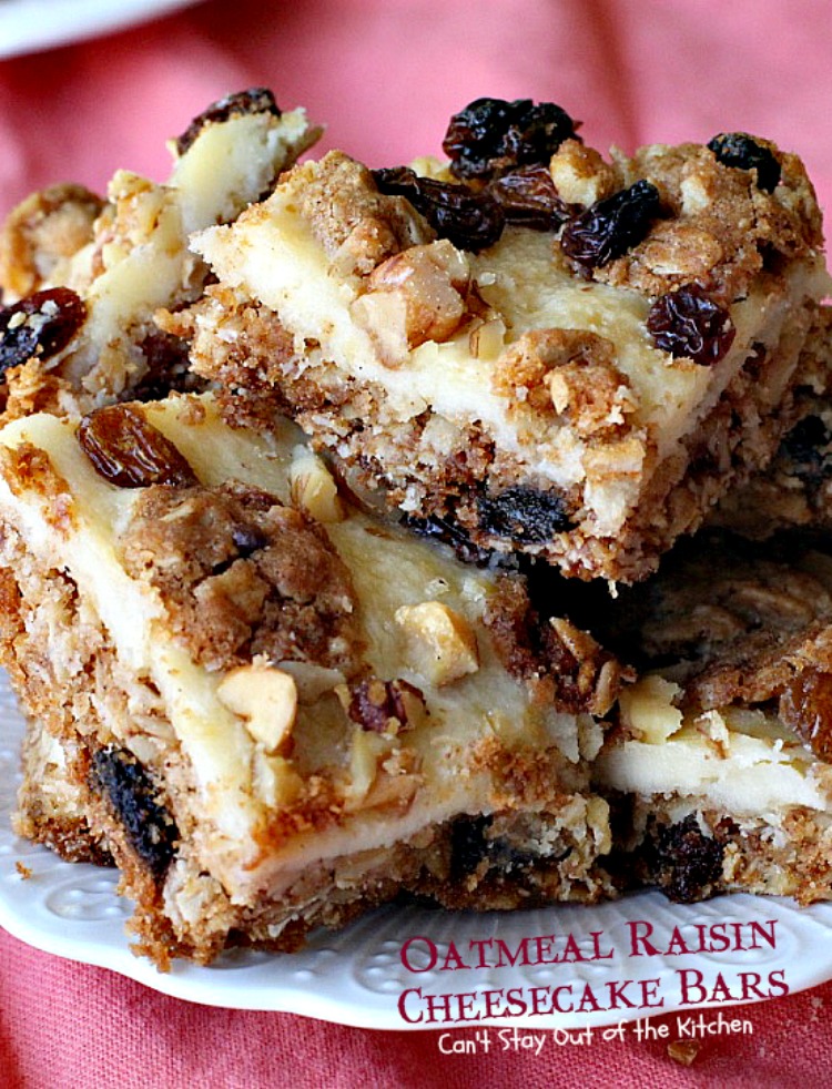 Oatmeal Raisin Cheesecake Bars | Can't Stay Out of the Kitchen | traditional #oatmealraisin #cookies with a luscious #cheesecake layer make for a #brownie to die for! #dessert