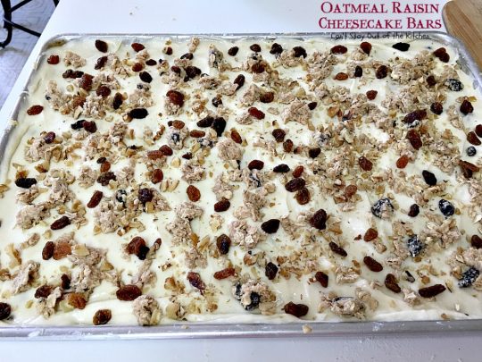 Oatmeal Raisin Cheesecake Bars | Can't Stay Out of the Kitchen | traditional #oatmealraisin #cookies with a luscious #cheesecake layer make for a #brownie to die for! #dessert
