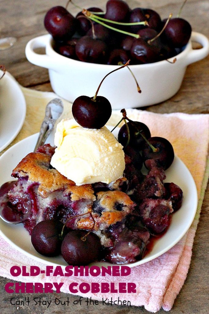 Old-Fashioned Cherry Cobbler | Can't Stay Out of the Kitchen | This spectacular #cherrycobbler #recipe makes it's own #cherry syrup while baking which can be drizzled over top. Absolutely scrumptious #dessert for #LaborDay & other #holidays.