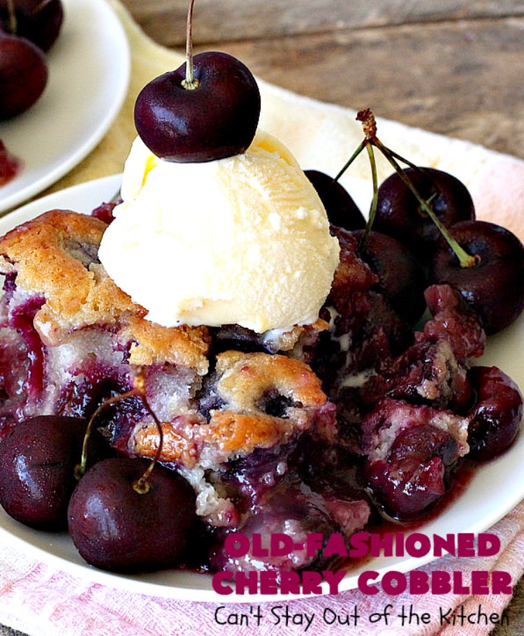 Old-Fashioned Cherry Cobbler | Can't Stay Out of the Kitchen | This spectacular #cherrycobbler #recipe makes it's own #cherry syrup while baking which can be drizzled over top. Absolutely scrumptious #dessert for #LaborDay & other #holidays.