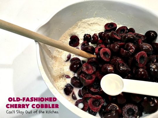 Old-Fashioned Cherry Cobbler | Can't Stay Out of the Kitchen | This spectacular #cherrycobbler #recipe makes it's own #cherry syrup while baking which can be drizzled over top. Absolutely scrumptious #dessert for #LaborDay & other #holidays.