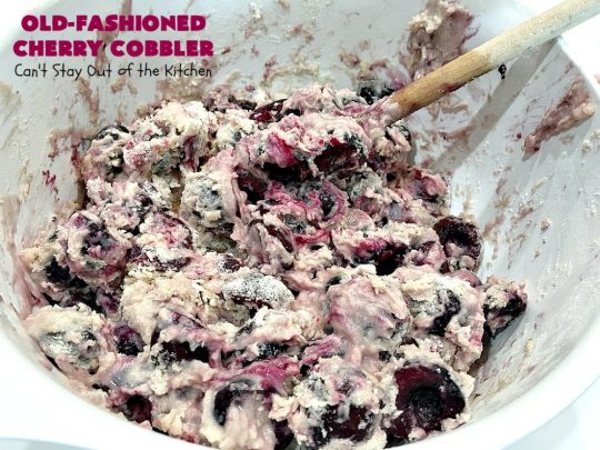 Old-Fashioned Cherry Cobbler | Can't Stay Out of the Kitchen | This spectacular #cherrycobbler #recipe makes it's own #cherry syrup while baking which can be drizzled over top. Absolutely scrumptious #dessert for #LaborDay & other #holidays.