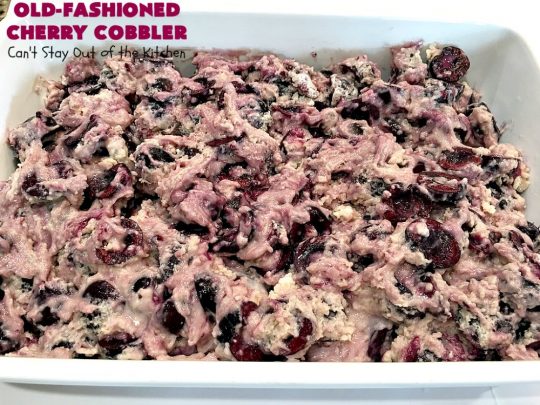 Old-Fashioned Cherry Cobbler | Can't Stay Out of the Kitchen | This spectacular #cherrycobbler #recipe makes it's own #cherry syrup while baking which can be drizzled over top. Absolutely scrumptious #dessert for #LaborDay & other #holidays.