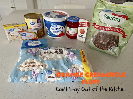 Orange Creamsicle Fluff | Can't Stay Out of the Kitchen | this fluffy #FruitSalad is outrageously good! It's smooth & creamy & tastes like eating #OrangeCreamsicle. #OrangeExtract makes it just pop in flavor. Terrific for company or #holiday dinners like #Easter, #MothersDay or #FathersDay. #pecans #marshmallows #MandarinOranges #MaraschinoCherries #OrangeCreamsicleFluff