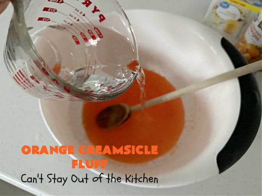 Orange Creamsicle Fluff | Can't Stay Out of the Kitchen | this fluffy #FruitSalad is outrageously good! It's smooth & creamy & tastes like eating #OrangeCreamsicle. #OrangeExtract makes it just pop in flavor. Terrific for company or #holiday dinners like #Easter, #MothersDay or #FathersDay. #pecans #marshmallows #MandarinOranges #MaraschinoCherries #OrangeCreamsicleFluff