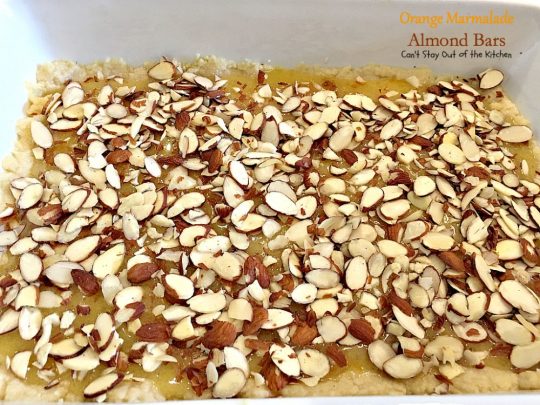 Orange Marmalade Almond Bars | Can't Stay Out of the Kitchen | these amazing bars have a shortbread crust, #orangemarmalade filling & #almonds on top. Great #dessert for #holiday baking. #cookie