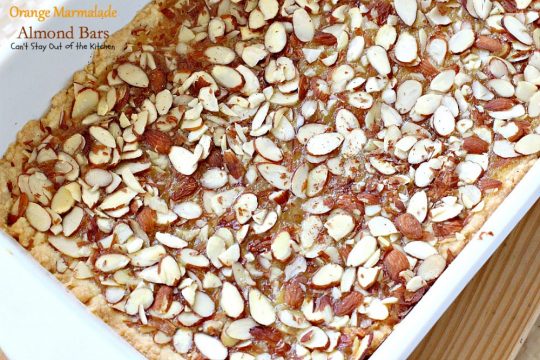 Orange Marmalade Almond Bars | Can't Stay Out of the Kitchen | these amazing bars have a shortbread crust, #orangemarmalade filling & #almonds on top. Great #dessert for #holiday baking. #cookie