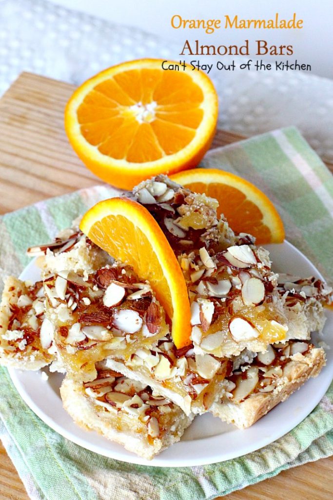 Orange Marmalade Almond Bars | Can't Stay Out of the Kitchen | these amazing bars have a shortbread crust, #orangemarmalade filling & #almonds on top. Great #dessert for #holiday baking. #cookie