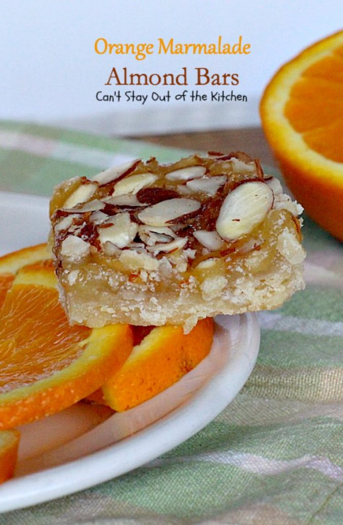 Orange Marmalade Almond Bars | Can't Stay Out of the Kitchen | these amazing bars have a shortbread crust, #orangemarmalade filling & #almonds on top. Great #dessert for #holiday baking. #cookie