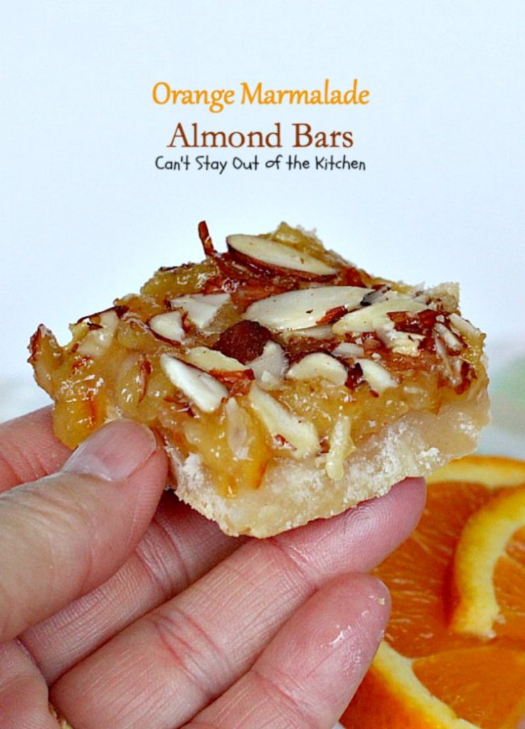 Orange Marmalade Almond Bars | Can't Stay Out of the Kitchen | these amazing bars have a shortbread crust, #orangemarmalade filling & #almonds on top. Great #dessert for #holiday baking. #cookie