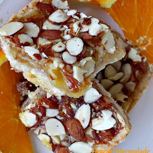Orange Marmalade Almond Bars | Can't Stay Out of the Kitchen | these amazing bars have a shortbread crust, #orangemarmalade filling & #almonds on top. Great #dessert for #holiday baking. #cookie