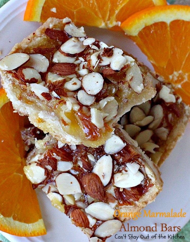 Orange Marmalade Almond Bars | Can't Stay Out of the Kitchen | these amazing bars have a shortbread crust, #orangemarmalade filling & #almonds on top. Great #dessert for #holiday baking. #cookie