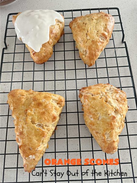 Orange Scones | Can't Stay Out of the Kitchen | these luscious #OrangeScones contain #OrangeJuice & #CandiedOrangePeel in the #scone & more #OJ & #OrangeZest in the icing. They're terrific for #holiday #breakfast or #brunch menus, including #Thanksgiving, #Christmas or #NewYearsDay or any day in between! Softer & sweeter than traditional scones, your family & friends will swoon over these. #orange #HolidayBreakfast #ParadiseFruit