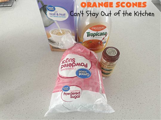Orange Scones | Can't Stay Out of the Kitchen | these luscious #OrangeScones contain #OrangeJuice & #CandiedOrangePeel in the #scone & more #OJ & #OrangeZest in the icing. They're terrific for #holiday #breakfast or #brunch menus, including #Thanksgiving, #Christmas or #NewYearsDay or any day in between! Softer & sweeter than traditional scones, your family & friends will swoon over these. #orange #HolidayBreakfast #ParadiseFruit
